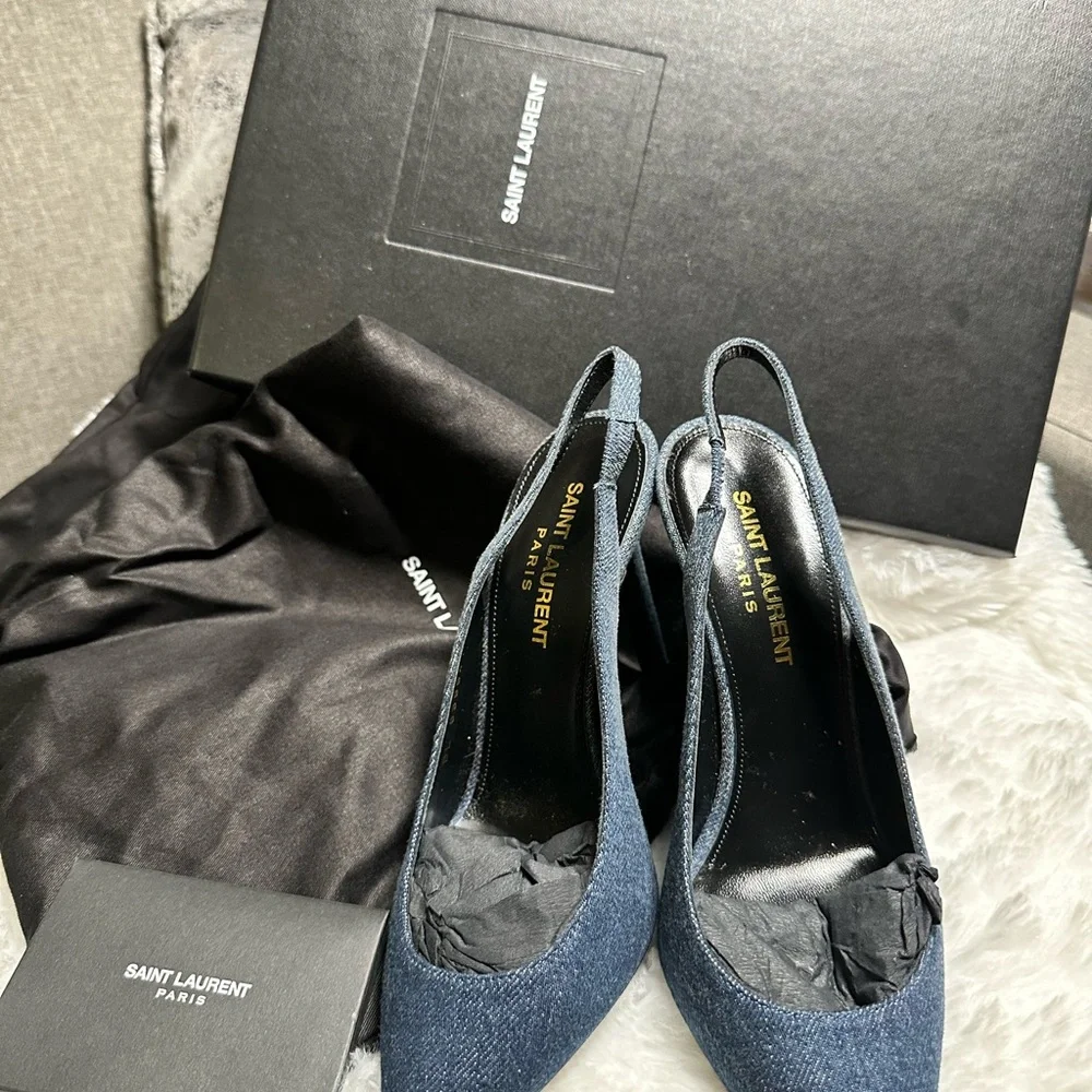 Saint Laurent Women's Anja 85 Denim Slingback Pumps in Blue - Picture 2 of 5